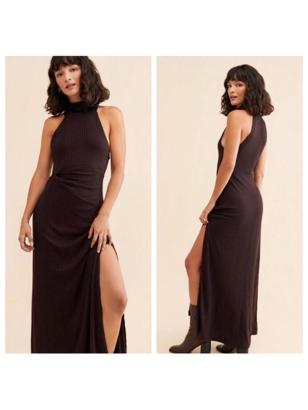 🆕 Whimsigoth Free People ATHEA Maxi Dress Brown Stretch Slip Sexy Slit Layer